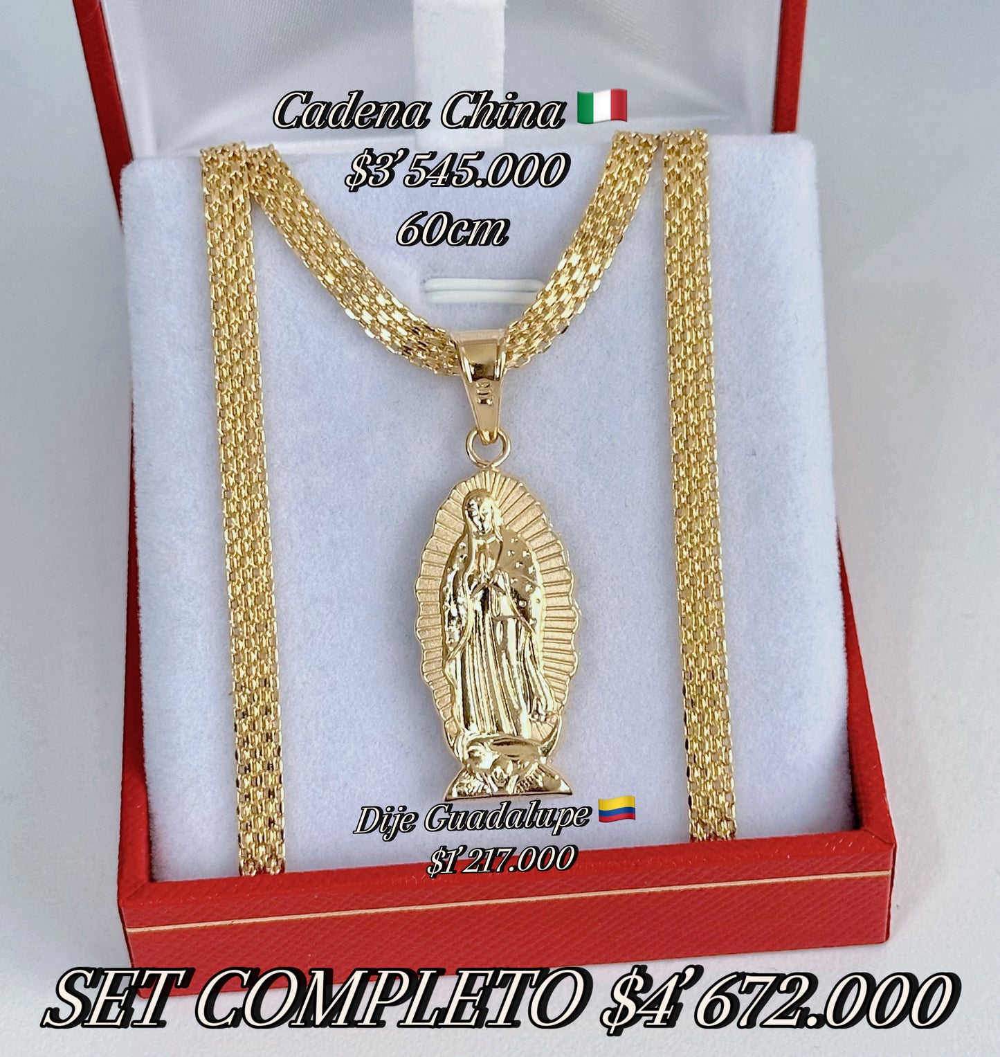 Set Cadena China y Dije Guadalupe en Oro 18k