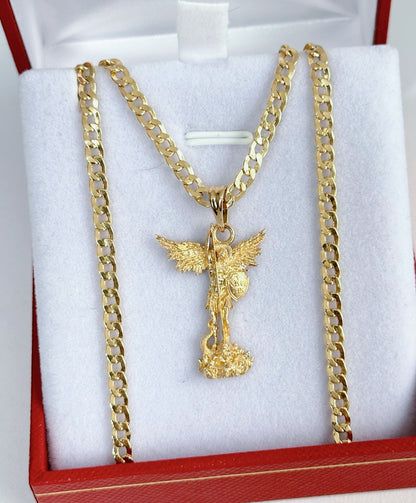Set Cadena Cubana y Dije de San Miguel en Oro 18k