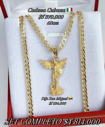 Set Cadena Cubana y Dije de San Miguel en Oro 18k